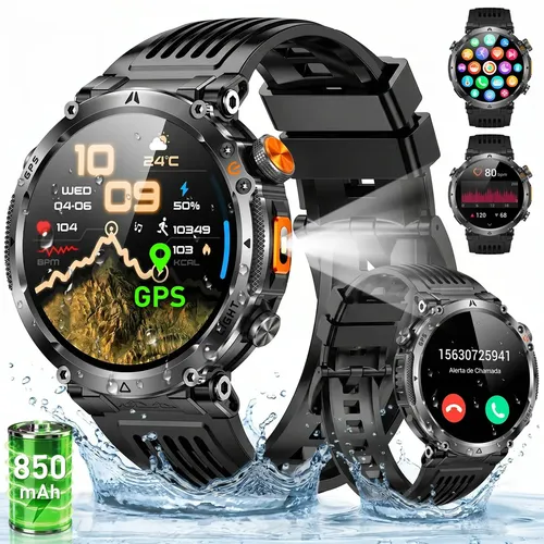Relógio Inteligente Smartwatch Gps Autônomo IP68 3ATM À prova dágua 850mAh Preto NOVANTE Digital Feminino Masculino Esportivo Android IOS Notificações Instantâneas Bluetooth Chamadas Lanterna Bússola