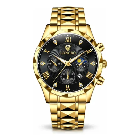 Relógio Masculino Longbo Aço Inox Quartz Multifuncional Amarelo Preto