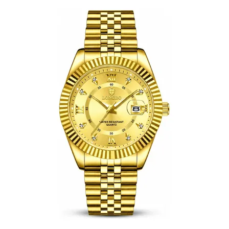 Relógio Masculino Longbo Aço Inox Quartzo 30m Calendário Dourado