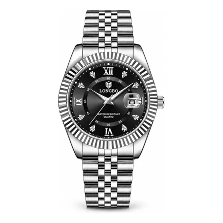 Relógio Masculino Longbo Aço Inox Quartzo 30m Calendário Prateado Preto