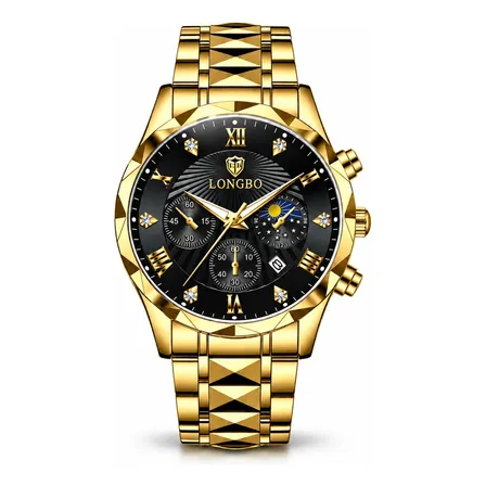Relógio Masculino Longbo Luxo Aço Inox Quartz 30m Presente Dourado Preto
