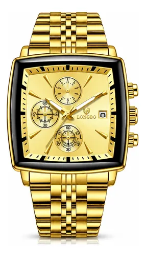 Relógio Masculino Longbo Quadrado Aço Inox Quartz 3atm Dourado