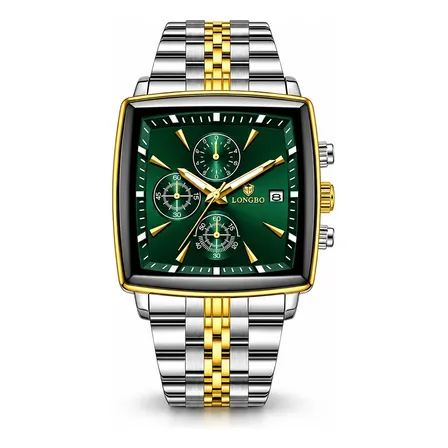 Relógio Masculino Longbo Quadrado Aço Inox Quartz 3atm Prateado Preto Verde-escuro