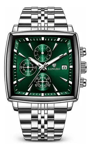 Relógio Masculino Longbo Quadrado Aço Inox Quartz 3atm Prateado Verde-escuro