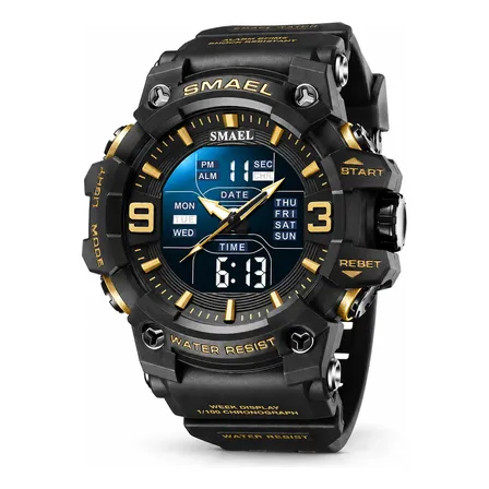 Relógio Masculino Smael 8113 Esportivo Analógico Digital 50m Preto Dourado Azul