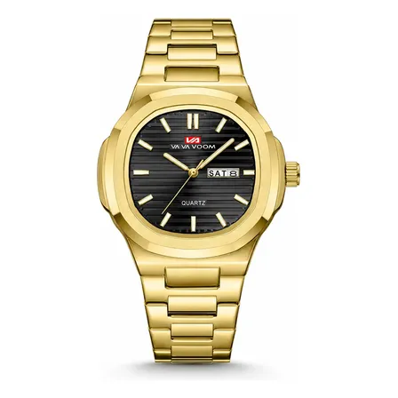 Relógio Masculino Vavavoom Aço Inox Quartzo Calendário Dourado Preto