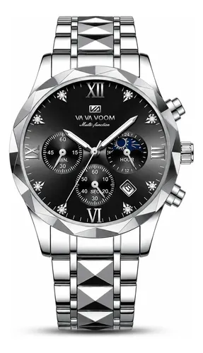 Relógio Masculino Vavavoom Cronógrafo Aço Inox Calendário Prateado Preto