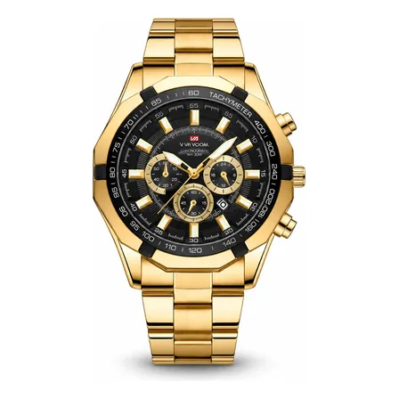 Relógio Masculino Vavavoom Luxo Cronógrafo Aço Inox 3atm Dourado Preto