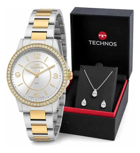 Relógio Technos Feminino 2035NCH/1K 32 Milímetros Trend Cristais Bicolor Todo em Aço Inoxidável Prova D´Agua 50m com Kit Colar e Brincos