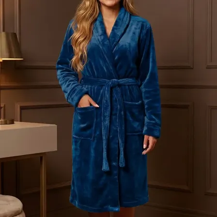 Roupão Adulto Microfibra Plush Macio Com Bolso Cinta Unissex Azul-marinho P/g