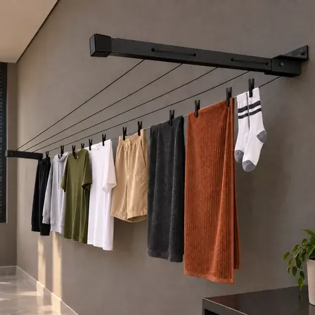 Varal De Parede Dobravel Em Aluminio Até 80kg 4 Metros Preto