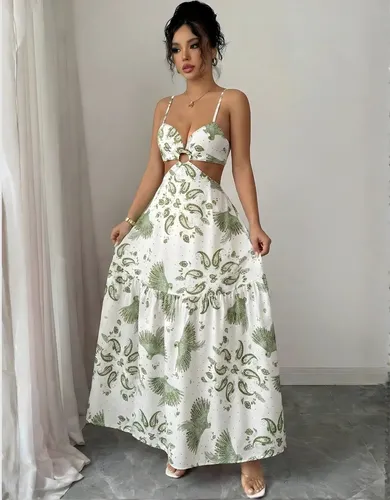 Vestido Longo Feminino Argola Alças Fina E Estampa Floral Verde-militar Único